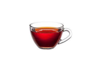 Glass cup of tea on white background