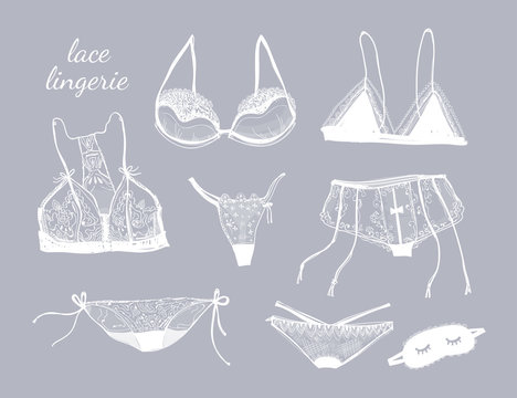 Hand drawn lace lingerie. Graphic vector set. White elements, grey background. All elements are isolated
