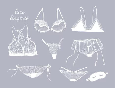 Hand drawn lace lingerie. Graphic vector set. White elements, grey  background. All elements are isolated Stock Vector