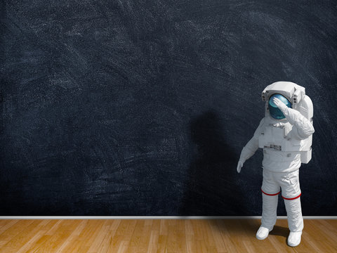 3d illustration rendering Astronaut over blank blackboard and brown parquet