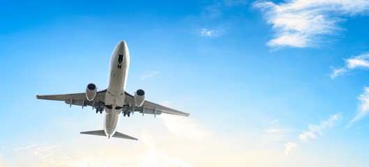 Fototapeta na wymiar Airplane flying in the blue sky,panoramic view