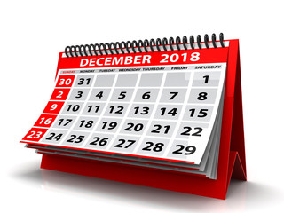 December 2018 Calendar. Isolated on White Background. Spiral Calendar December 2018. 3D Illustration