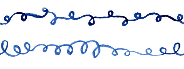 Horizontal seamless pattern - watercolor hand-drawn blue flourishing ornament, minimalistic illustration in Gzhel style