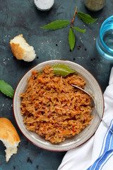 Vegetarian and vegan bigos - traditional Polish dish. Healthy food concept. Diet food.