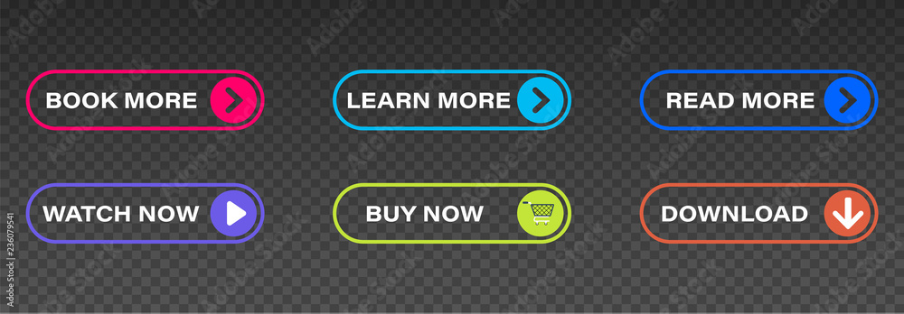 Poster set of vector modern trendy flat buttons. trendy colors with transparent background. read more, lear