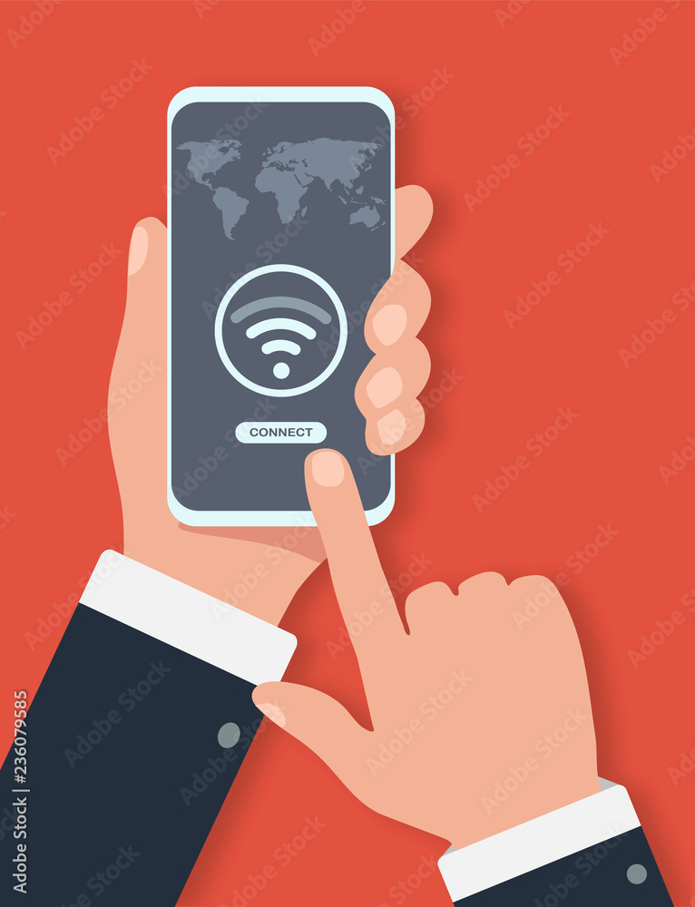 Fototapete man holds the phone and press the connect button, wi fi conection on the screen