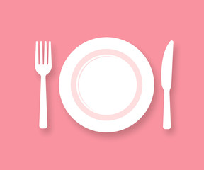 Plate fork and knife vector silhouette. Plate with cutlery. Kitchen icon of dish, fork and knife.