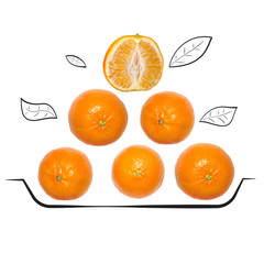 Fruit composition with fresh mandarin and cartoon cute doodle drawing elements on isolated white background. Creative minimalistic food concept.