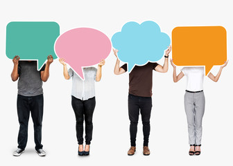 Diverse people showing speech bubble symbols