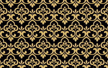 Flower geometric pattern. Seamless vector background. Black and gold ornament. Ornament for fabric, wallpaper, packaging, Decorative print