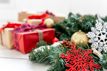 Christmas presents and boxes on wooden background