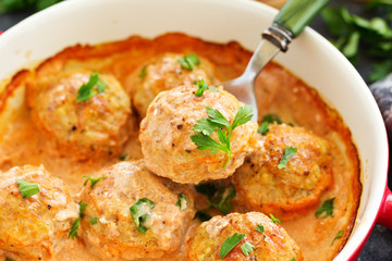 Meatballs in a creamy tomato sauce.