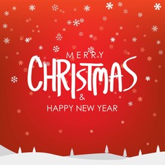 Merry Christmas & Happy New Year Greeting on Snowfalls Scenery. Bright Red Vector Background.