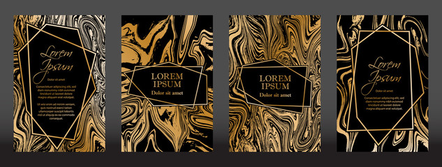 Gold marble texture and geometric frames on black backgrounds vector set. Luxury design for brochure, banner, vip invitation, cover, business card. Gold foil black marble pattern texture and frames.