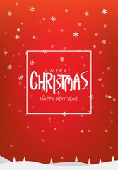 Merry Christmas & Happy New Year Greeting on Snowfalls Scenery. Bright Red Vector Background.