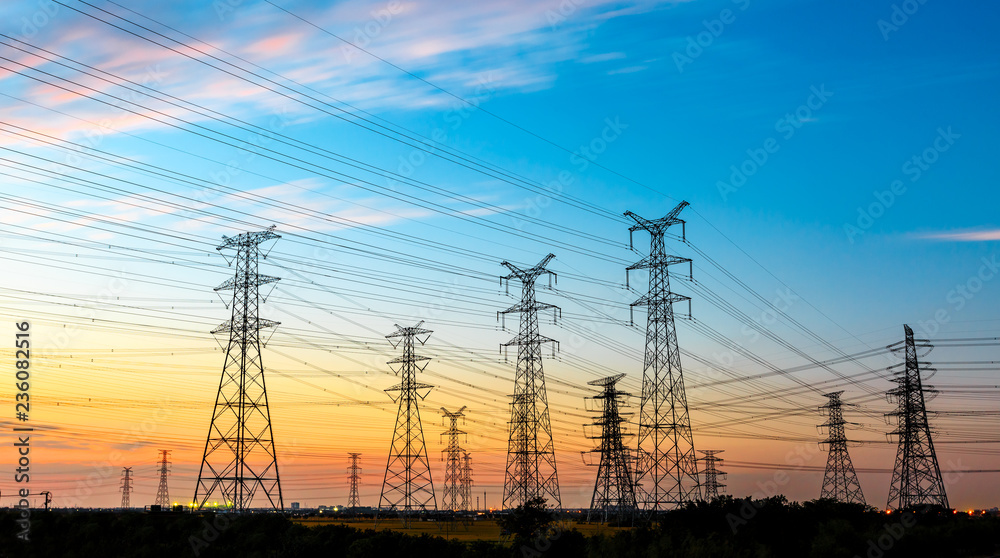 Canvas Prints high-voltage power lines at sunset,high voltage electric transmission tower