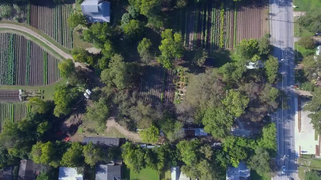 AERIAL: Slow birds eye decent onto a farm in Austin, Texas.
