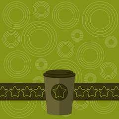 Design business concept Empty copy text for Web banners promotional material mock up template. 3D Coffee To Go Cup with Lid Cover and Stars on Strip Blank Text Space