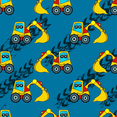 Cute kids car, tractor pattern for girls and boys. Colorful car, auto, tractor on the abstract bright background create a fun cartoon drawing. Urban pattern for textile and fabric, kids. Neon color