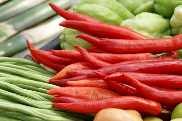 Red Chilli Peppers with Assorted Vegetables at Local Fresh Market