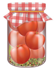 Jar of pickled tomatoes with fabric cover. Vector illustration.