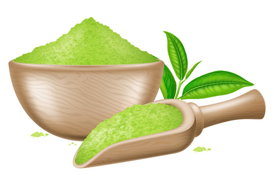 Wooden bowl and spoon with matcha powder and tea leaves. Vector illustration.