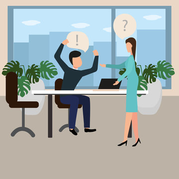Conflict at work. A male boss berates an employee. Vector illustration in flat style