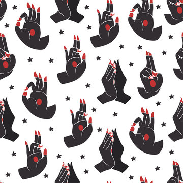Hand drawn yoga mudras. Colored graphic vector seamless pattern