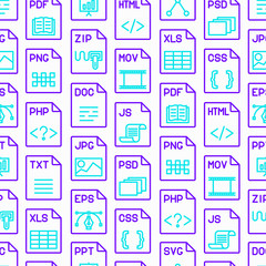 File formats seamless pattern with thin line icons: doc, pdf, php, html, jpg, png, txt, mov, eps, zip, css, js. Modern vector illustration for background.