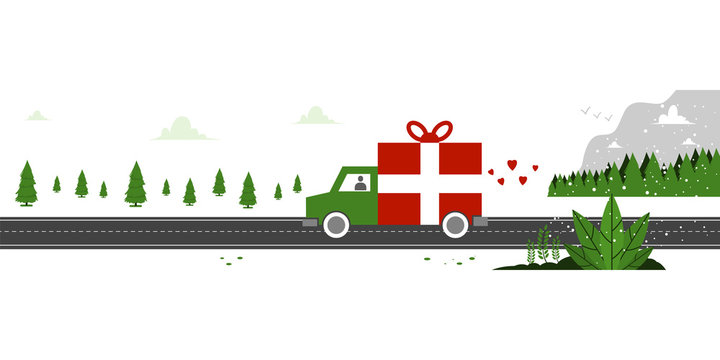 Christmas Shipping. Vector Concept Illustration Of Holiday Delivery With Gift Truck And Winter Landscape.