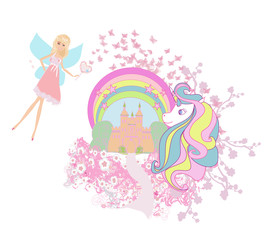 Beautiful unicorn and fairy-tale princess castle © diavolessa