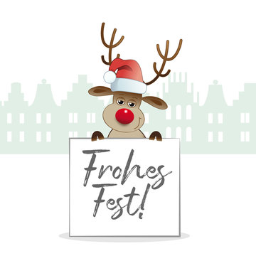 Rentier mit Weihnachtsmütze hält Tafel mit der Aufschrift "Frohes Fest"