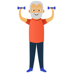 Happy old men dressed in sports clothing doing fitness exercises with dumbbells. Cute grandfather. Active elderly man. Cartoon character. Vector illustration