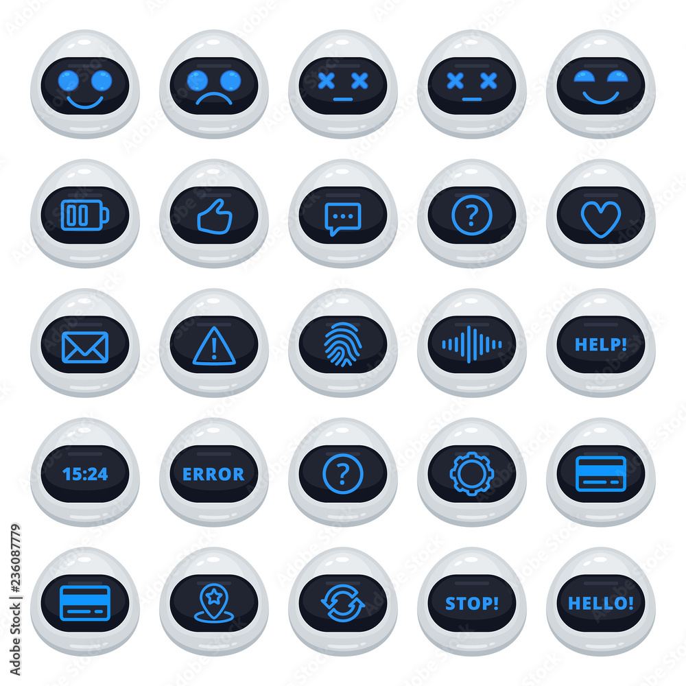 Wall mural vector set of robot emoticons. collection of cyborg characters with different interface messages in 
