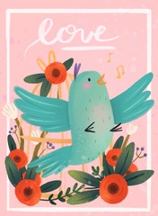 Singing blue bird outside of the cage with red flowers. Hand drawn colored illustration. Lovely greeting card
