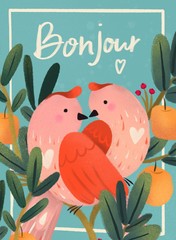 Cute pink birds in love sitting on apple tree branches. Hand drawn St. Valentine's day greeting card © Dariia