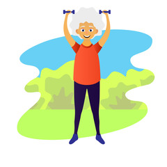 Obraz na płótnie Canvas Happy old women dressed in sports clothing doing fitness exercises with dumbbells. Cute grandmother. Active elderly man. Cartoon character. Vector illustration