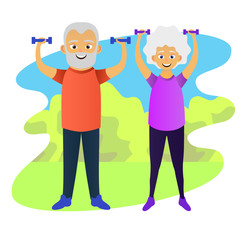 Old man and woman doing fitness exercises with dumbbells together. Elderly people active lifestyle. Vector illustration