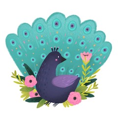 Cute peacock and flowers. Hand drawn colored illustration