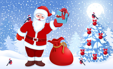 Сartoon Santa Claus with red big bag and gift box in his hand and bullfinch on his shoulder and spruce with Christmas balls