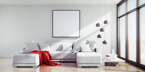 Sofa mit roter Decke und Bild in hellem sonnigem Raum