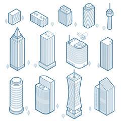 Isometric outline modern buildings set. Isometric city skyscrapers icons isolated on white backround. Linear pictograms of urban architecture. Elements for your design. Vector eps 10.