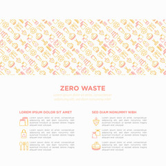 Zero waste concept with thin line icons: menstrual cup, safety razor, glass jar, natural deodorant, hand coffee grinder, french press, metal scissors. Vector illustration, print media template.