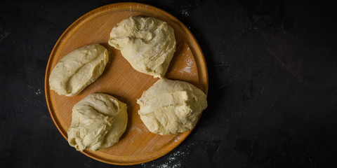 pizza, dough, ingredients, tortilla (cooking process). Top view with copy space