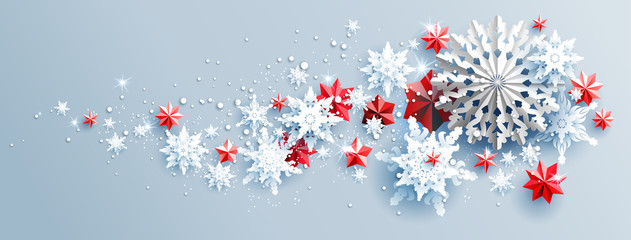 Fototapeta na wymiar Facebook Web Banner Social Media template. Shine winter decoration with snowflakes, stars and balls.