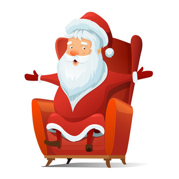 Santa Claus is sitting in red chair cartoon vector illustration. Isolated image on white background