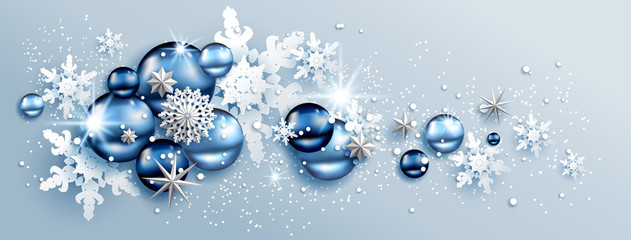 Facebook Web Banner Social Media template. Shine winter decoration with snowflakes, stars and balls.