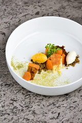 Fine dining dessert, Carrot cake,caramel ice cream, white chocolate mousse and spices