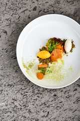 Fine dining dessert, Carrot cake,caramel ice cream, white chocolate mousse and spices