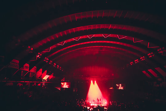 Music Festival, Concert, Red Light And Crowd